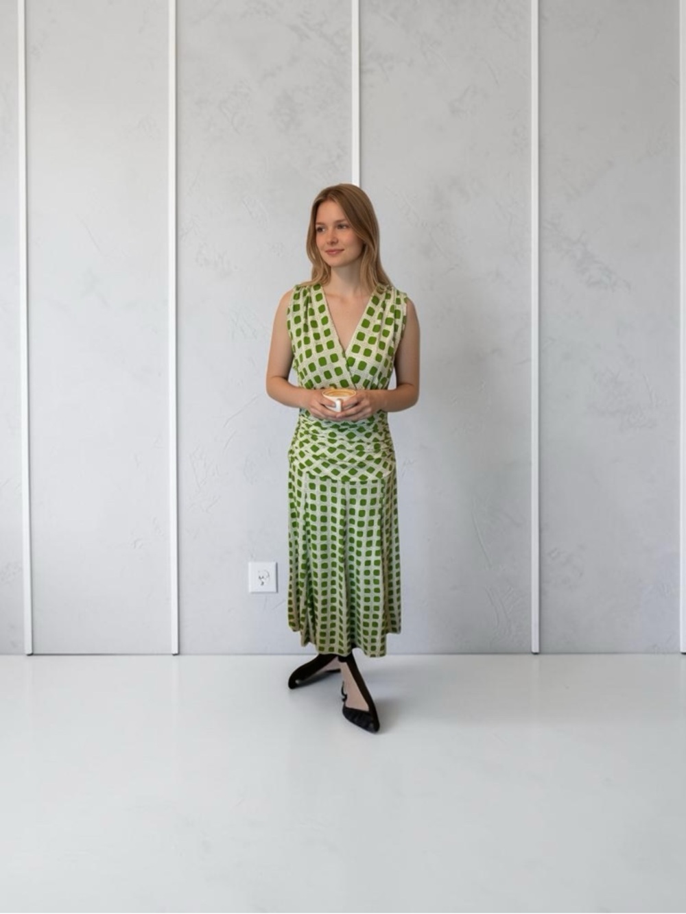 Green Geometric Midi Dress - Sleeveless V-Neck - Picture 3 of 12